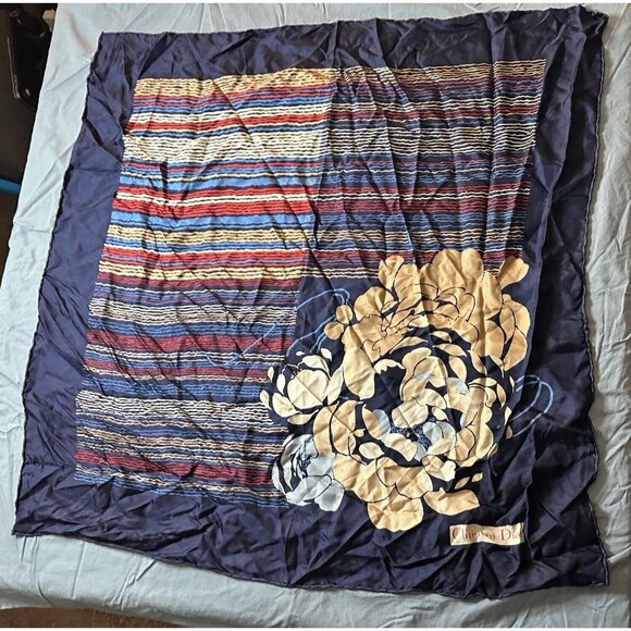 Christian Dior Blue Floral Striped Silk Women’s Square Scarf 29” - Picture 1 of 6